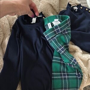 Janie and Jack Navy Long Sleeve Tops with Green Plaid leggings